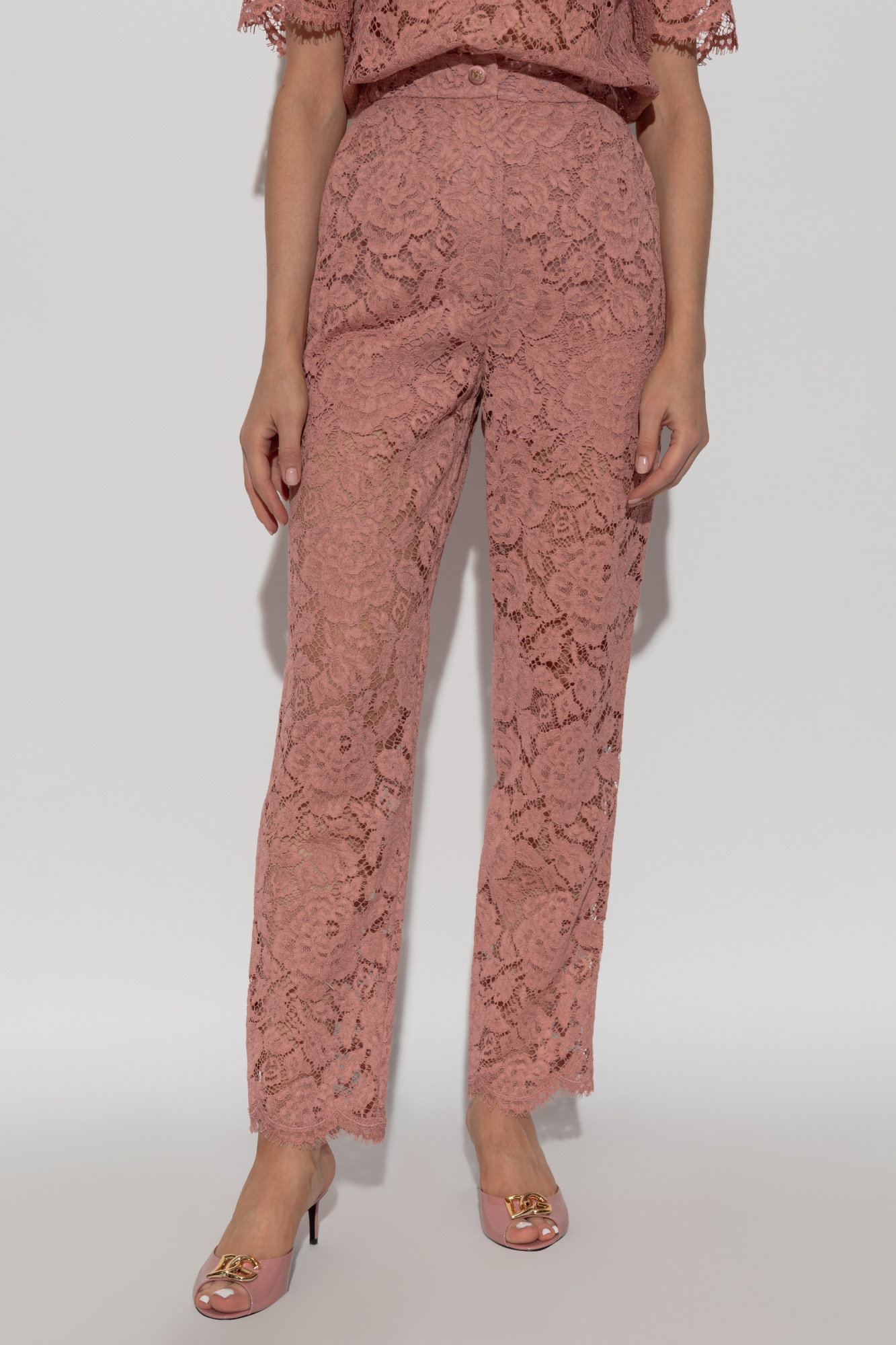 Dolce & Gabbana PINK LACE TROUSERS レース パンツ フェミニン Flared branded stretch lace pants in Pink for Women